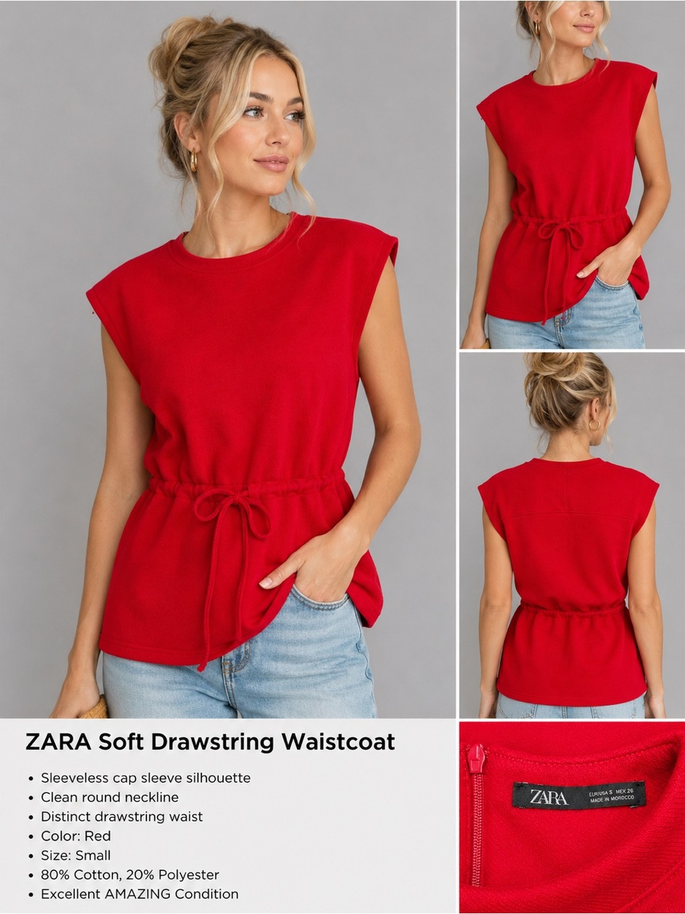 Zara Soft Drawstring Waistcoat Red Sleeveless Cap Sleeve Top Size Small